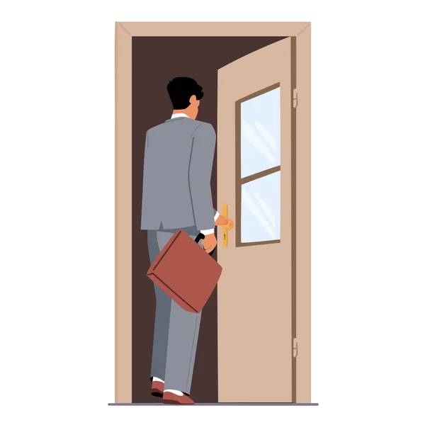 Бізнесмен у формальному одязі Введіть відкриті двері, чоловічий символ крок у дверний отвір офісу ізольовано на білому тлі — стоковий вектор