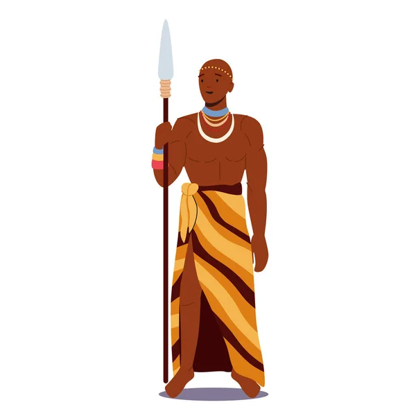 Afrikanische Männer tragen Stammeskleidung und Halsketten mit Speer. Porträt eines männlichen Charakters mit dunkler Haut, eines Kriegers mit Waffe — Stockvektor