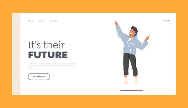 Joven, Felicidad y Libertad Concepto Landing Page Template. Niño jugando y saltando. Niños de la escuela celebran — Vector de stock