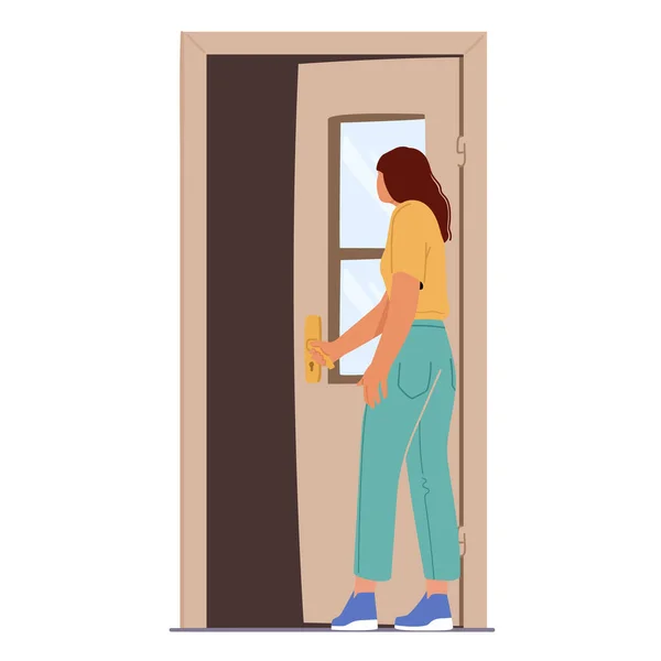 Joven muchacha asomarse a la puerta abierta, curioso carácter femenino apertura puerta aislada sobre fondo blanco — Vector de stock