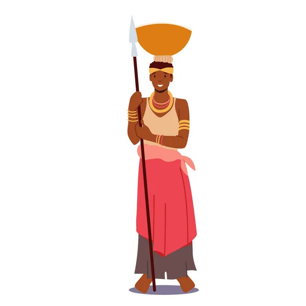 Cultura de África y Herencia Étnica, Africana Tribal Caracter Wear Tradicional Clothes Hold Spear and Bowl on Head — Vector de stock