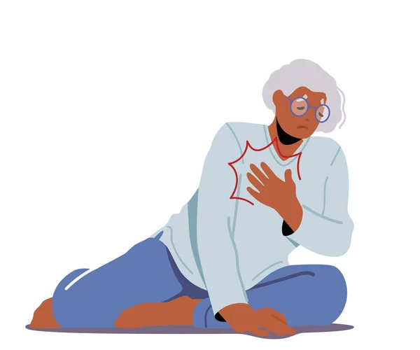 Mulher Sênior infeliz sentada no chão segurando o coração, personagem feminina envelhecida cair devido a problema de saúde, cardiologia —  Vetores de Stock