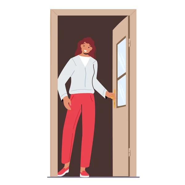 Молодая женщина персонаж Открытие двери, веселая женщина стоять на открытом проходе изолированы на белом фоне — стоковый вектор
