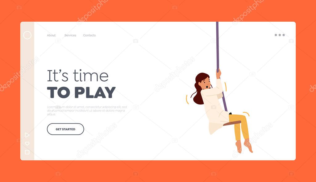 Time to Play Landing Page Template. Little Girl Hang on Rope Swing, Child Playing on Playground, Recreation on Vacation