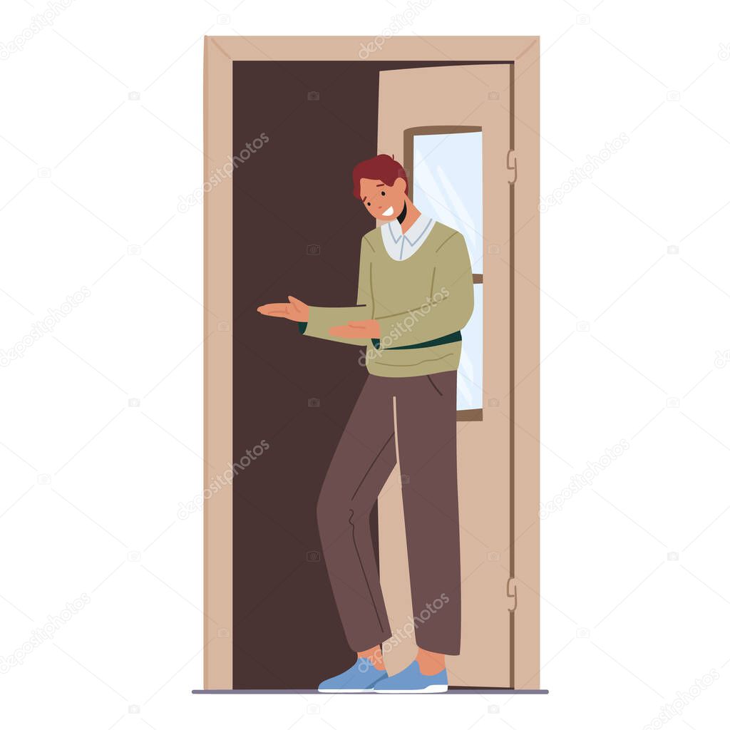 Friendly Male Character Invite into Open Door, Man Show Invitation Gesture Stand at Doorway Isolated on White Background