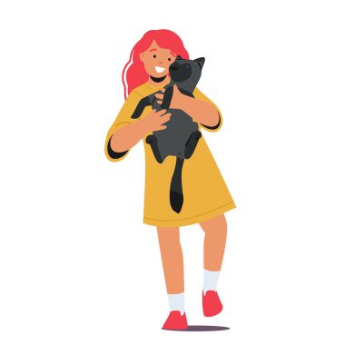 Kız siyam kedisini kucaklıyor, çocuk karakteri evcil hayvana sarılıyor, tatlı kediciği ellerine alıp beyaz arka planda soyutluyor.