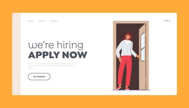 Biz işe alıyoruz, İniş Şablonu 'nu uygulayın. Genç Kadın Karakter Açılan Kapı, Açık Kapı 'da Duran Kadın