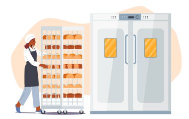 Pastane Fabrikası Teknolojileri, Fırın Çalışma Süreci. Beyaz Bornozlu Fırıncı Metal Trolley ve Ekmek