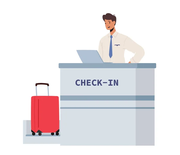 Funkcjonariusz Smiling Man przy stanowisku odprawy z laptopem i bagażem. Personel lotniska Mężczyzna Character Boarding Pass — Wektor stockowy
