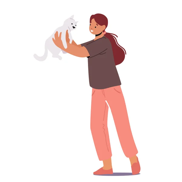 Kid Abraço e Jogar com Gato Engraçado, Personagem Criança Acariciar e Oxter com Pet, Garota Segurando Gatinho Bonito nas Mãos — Vetor de Stock