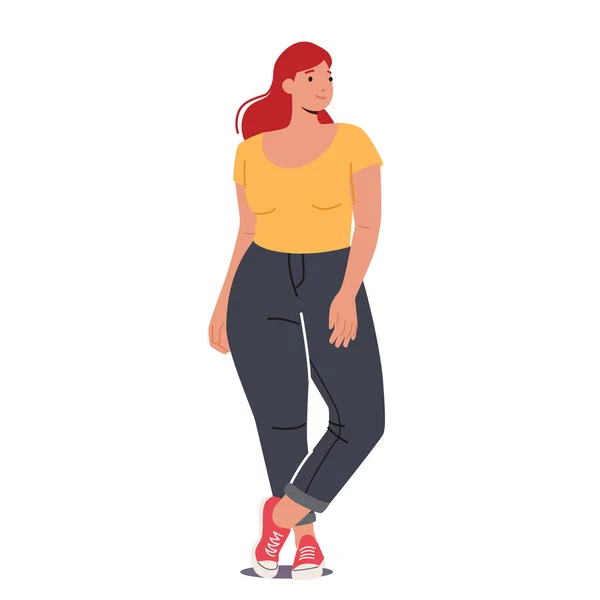 Plus storlek dam mode, fyllig kvinna klädd i tajta svarta jeans, neakers och Slinky Yellow Top Posing, attraktiv flicka — Stock vektor