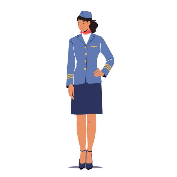 Stewardess Stewardess Stewardess Stewardess Mädchen in blauer Uniform und Mützenständer mit Arm Akimbo, Flugzeugpersonal — Stockvektor