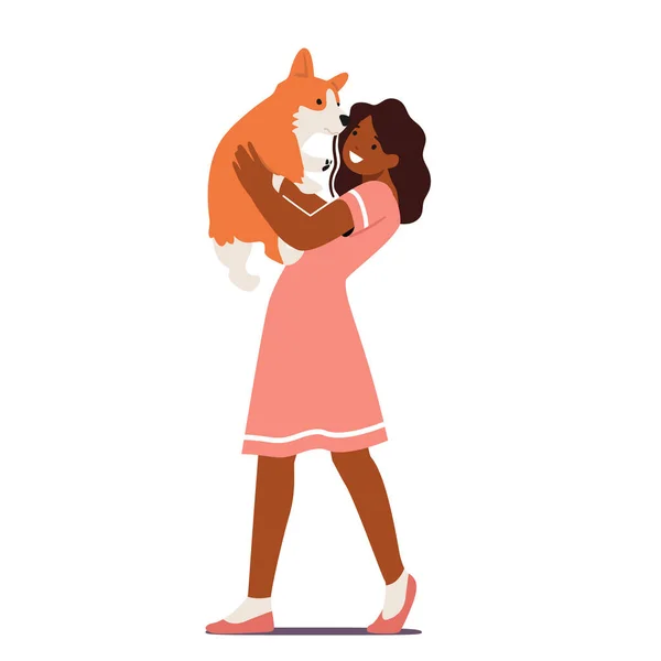 Κορίτσι κρατώντας κουταβάκι στα χέρια, αγκαλιά παιδί και αγκαλιά αστείο σκυλί Korgi, παιδί παίζει με το κατοικίδιο ζώο απομονώνονται σε λευκό φόντο — Διανυσματικό Αρχείο