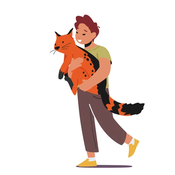 Liefde, gevoeligheid voor dieren Concept, Preteen Kid knuffel en draagkat, Little Child Cuddle met huisdier, Boy Play met kitten — Stockvector