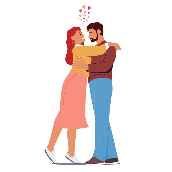 Liefdevolle paar man en vrouw knuffelen, omhelzen met harten in de buurt. Happy Lover Relaties, Daten, Happy Lifestyle — Stockvector