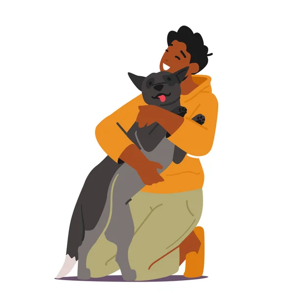 Kid Love Dog, gevoeligheid voor dieren Concept, tiener Kid knuffel en strelen Grappig hondje, tiener gelukkig kind knuffelen met huisdier — Stockvector