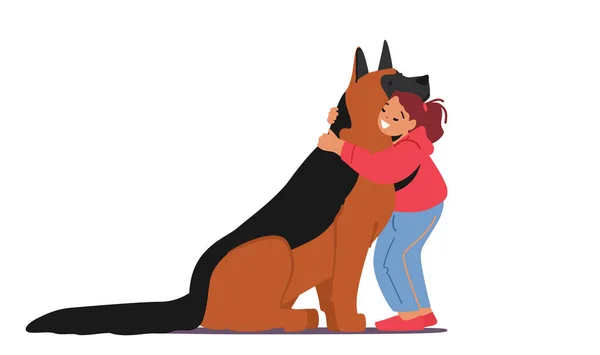 Liefde voor dieren, Jeugd, Vriendschap met Doggy Concept. Kid Girl knuffel enorme herder, kind karakter knuffelen met huisdier — Stockvector