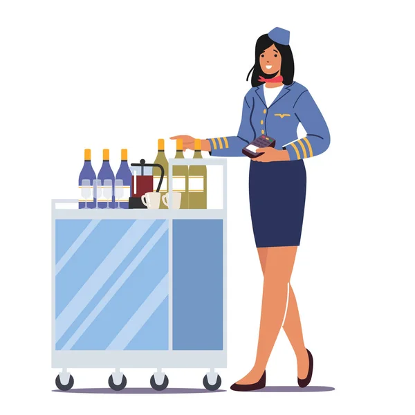 Stewardess schiebt Trolley mit Drinks Holding Pos Terminal. Flugbegleiter, Flugpersonal, Stewardess in blauer Uniform — Stockvektor