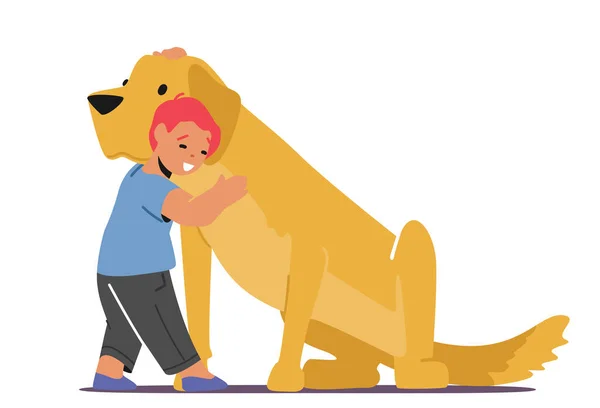Дитяча лялечка з Петом, Ембрайс Лялька. Дитинство, любов, ніжність до тварин Концепція з Happy Kid Hug Big Fluffy Dog — стоковий вектор
