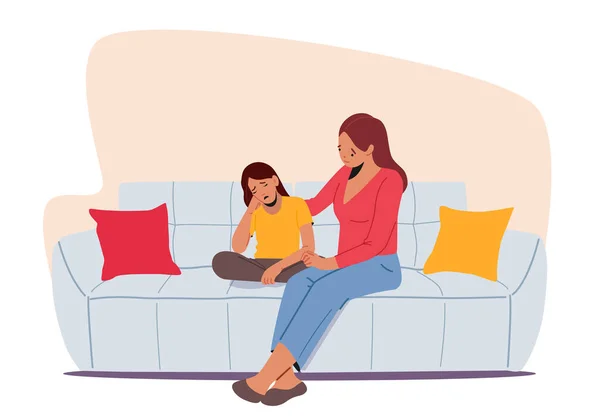 Criança de Suporte de Personagens Pais. Mãe e filha Sente-se no sofá na sala de estar Fale e Compartilhe problemas. Mãe e menina — Vetor de Stock