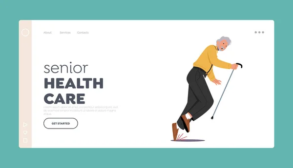 Senior Health Care Landing Page Vorlage. Alte Figur stolpert auf Straße und fällt auf den Boden Unbeholfenheit im Alter — Stockvektor