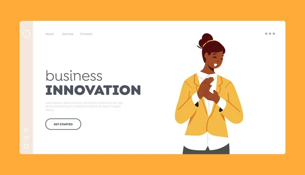 Business Innovation Landing Page Template. Applaus, jubelnde Ovationen. Fröhliche weibliche Figur klatscht in die Hände — Stockvektor