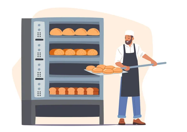 Pékipar, Bakehouse Factory és kenyérgyártó koncepció. Baker üzembe nyers papucsot sütni a sütőben a gyártás — Stock Vector