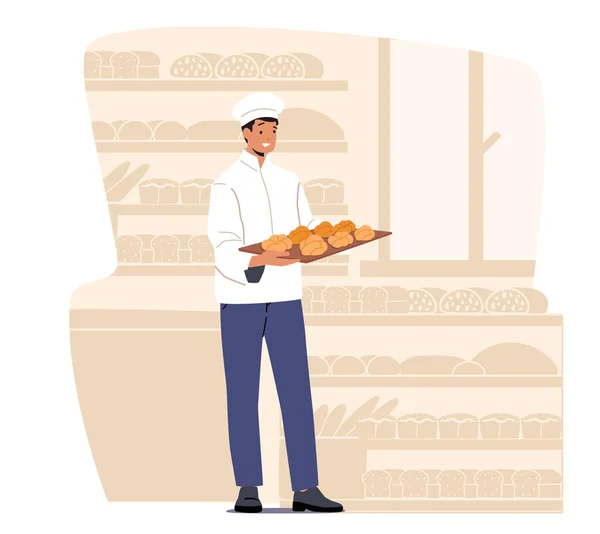 Bakery Industry, Pstry and Baked Food Production and Manufacture Чоловік - шеф Бейкер у стерильній формі й капелюх - тримайте в руках — стоковий вектор