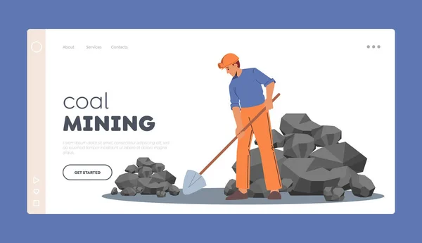 Exploração Mineral, Indústria de Mineração de Carvão Concept Landing Page Template. Personagem Masculino em Túnica de Trabalho Explore Fósseis — Vetor de Stock