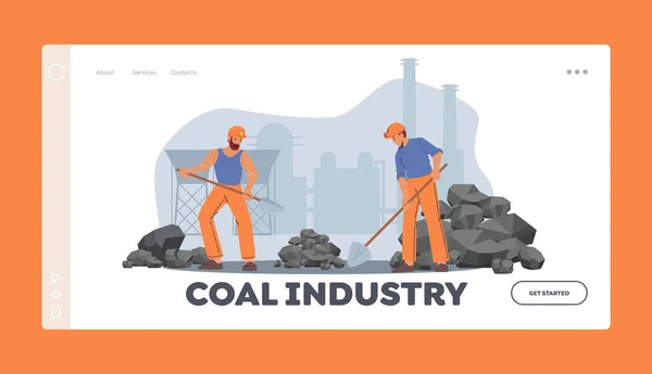 Plantilla de página de aterrizaje de concepto de industria de extracción y minería de carbón. Mineros masculinos trabajan en cantera con herramientas, excavando carbón — Archivo Imágenes Vectoriales