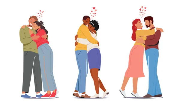 Happy Men and Women Embrassage et étreinte. Loving Couples Hug, Romantic Relations Concept. Homme femmes amoureux Sortir ensemble — Image vectorielle