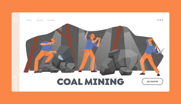 Carbone Mining Landing Page Template. Lavoratori che lavorano nella cava di miniera di carbone con pale e picconi, industria estrattiva — Vettoriale Stock