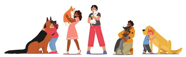 Kinderen knuffelen honden, liefde, tederheid voor dieren concept. Meisjes en jongens Kinderen personages knuffelen met huisdieren, Holding Puppies — Stockvector