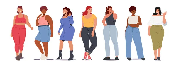 Over Size női karakterek, nők viselnek alkalmi ruhák ruha, nadrág, rövidnadrág. Curvy afro-amerikai vagy kaukázusi lányok — Stock Vector