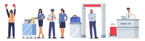 机场员工航空交通管制员，灯具，飞机驾驶员，机场报到员工，保安及女服务员 — 图库矢量图片