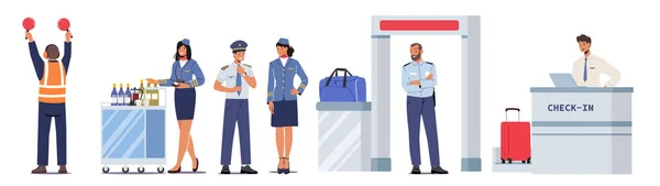 Repülőtéri személyzet Légiforgalmi irányító Lámpákkal, Pilóta Repülőgép, Repülőtér Check-in Alkalmazott, Biztonsági és Stewardess — Stock Vector