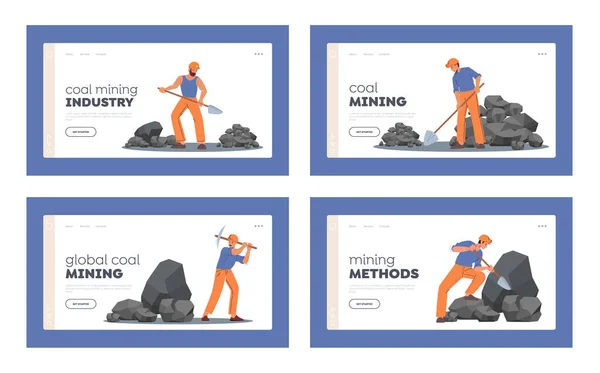 Coal Mining Landing Page Template Set. Profissão da indústria de extração de mineiros, personagens dos trabalhadores que trabalham na mina de carvão — Vetor de Stock