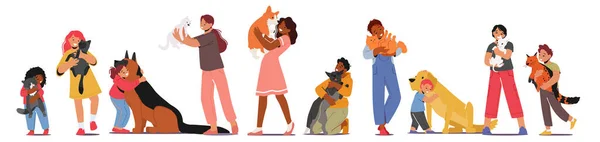Kinder umarmen Hunde und Katzen, Mädchen und Jungen Kinderfiguren kuscheln mit Haustieren, halten süße Welpen und Kätzchen an den Händen — Stockvektor