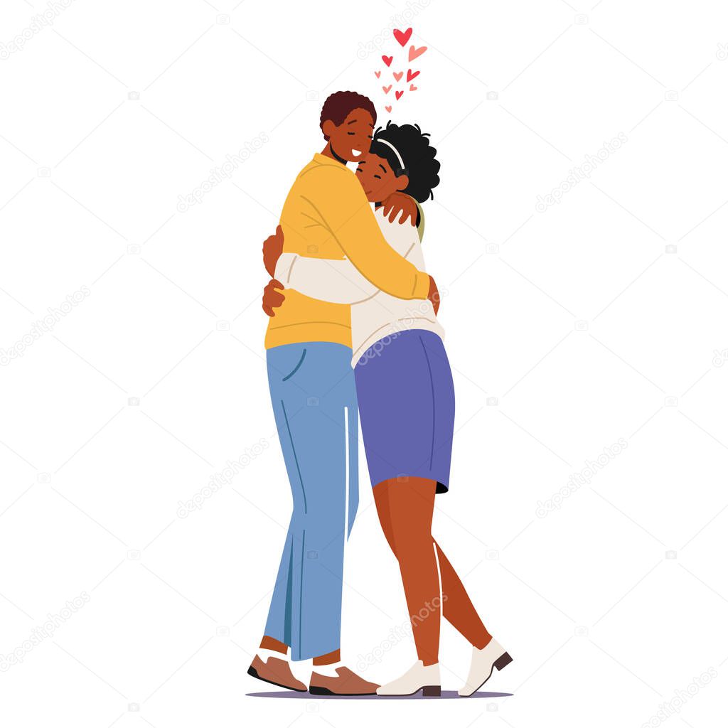 African Male and Female Characters Hugging. Young Loving Couple Romantic Relations. Man and Woman Embrace Each Other