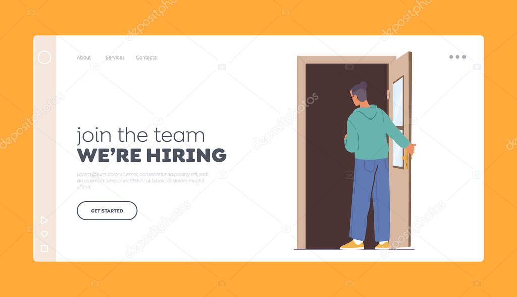 Join the Team we are Hiring Landing Page Template. Young Man Stand at Doorway Look inside. Male Character Opening Door