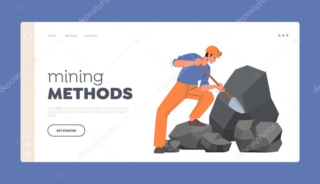 Mining Methods Landing Page Template. Extraction Industry Profession, Miner Work on Quarry Pit, Worker Digging Fossil