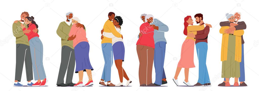 Happy Men and Women Embracing and Hugging. Loving Aged and Young Couples Hug, Romantic Relations Concept