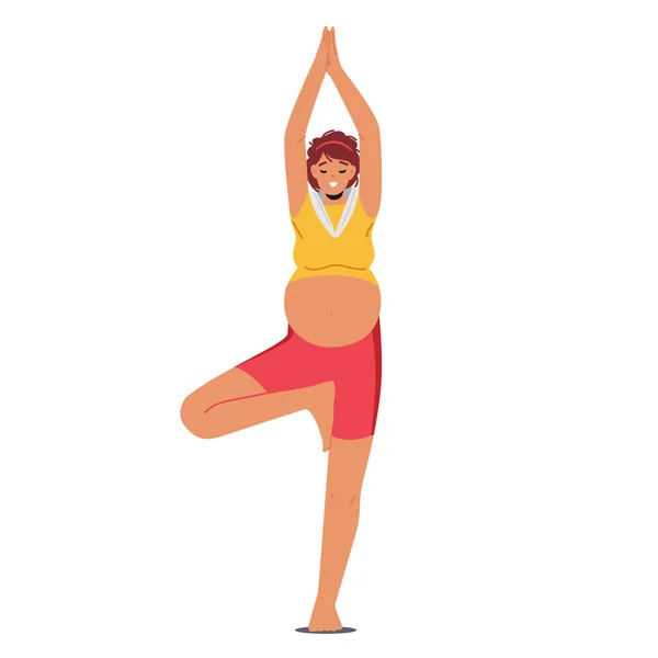Mujer Embarazada Stand en Yoga Asana, Fitness y Deporte durante el Concepto de Embarazo. Carácter femenino Estiramiento, Relajación — Vector de stock