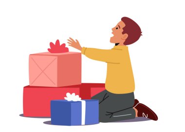 Doğum günü ya da Xmas 'ta Oğlan' ın hediye kutuları var. Çocuk Karakteri Kutlama Sunumları, Çocuk için Sürpriz
