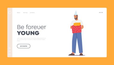 Tebrikler, Dilekler İniş Sayfası Şablonu. Neşeli Erkek Karakteri Şenlikli Şapka Kutlaması, Sürpriz Parti