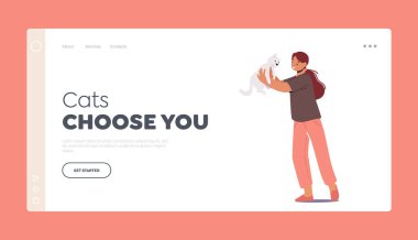 Komik Kedi İniş Sayfası Şablonu ile Çocuk Kucaklaşması ve Oyun. Çocuk Karakteri Kucaklaşma ve Okşama Sevimli Kız Kucaklama Kediciği