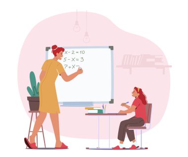 Çocuklar, Beyaz Tahtaya Matematik Yazan Ebeveynler Formülleri. Ev Aile Eğitimi Konsepti. Ana Karakter Kızına Yardım Et