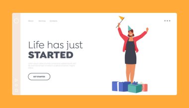 Sürpriz Parti İniş Şablonu. Şenlikli Şapka Kutlaması 'nda Neşeli Kadın Karakteri, Komik Şapka Giyen Kadın