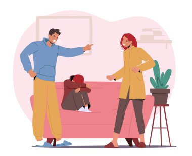 Aile içi çatışma, sorun, birbirine bağıran kızgın ebeveynler, birbirini azarlayan. Anne ve Baba Karakter Bağırıyor, Üzgün Küçük Çocuk Ağlıyor