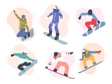 Kış giysileri içinde Snowboard yapan bir grup yetişkin insan. Erkek Snowboard Sürücüleri Kış Tatil Köyünde Eğleniyor